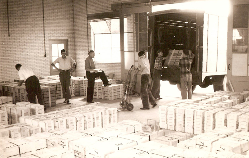 Swart & Company crew loading shipping container with bulbs packed in wood crates.