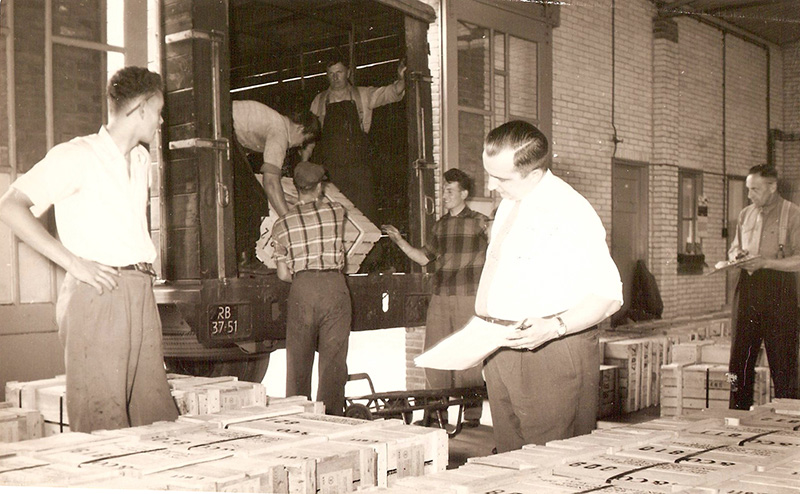1955, Pieter Esseveld Sr. overlooks exports documents as warehouse crew loads the season's last shipping container to America.