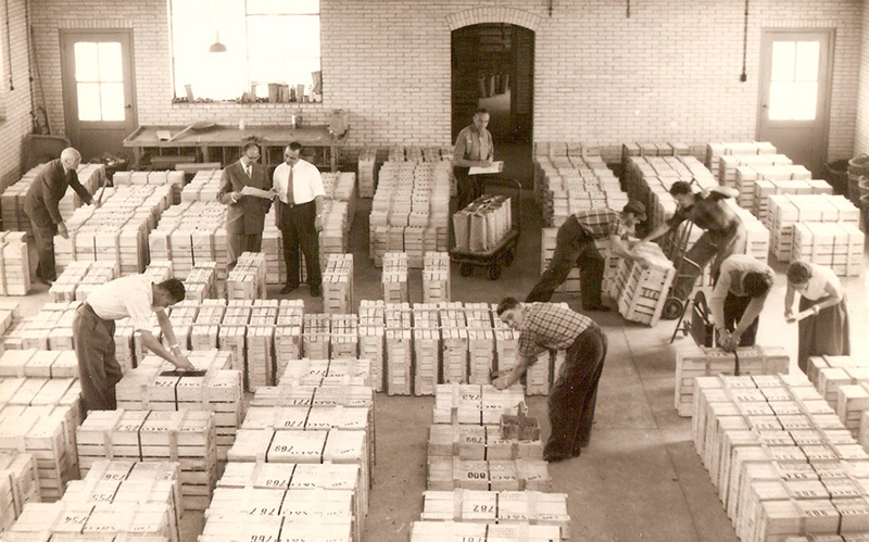 Photo taken from attic, showing the logistics of the packing warehouse.